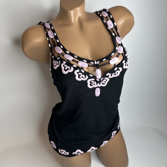 Y2K Coco & Banana Black Pink Beaded Embroidered Silk Knit Cami Tank Top S Fairy - Picture 1 of 13